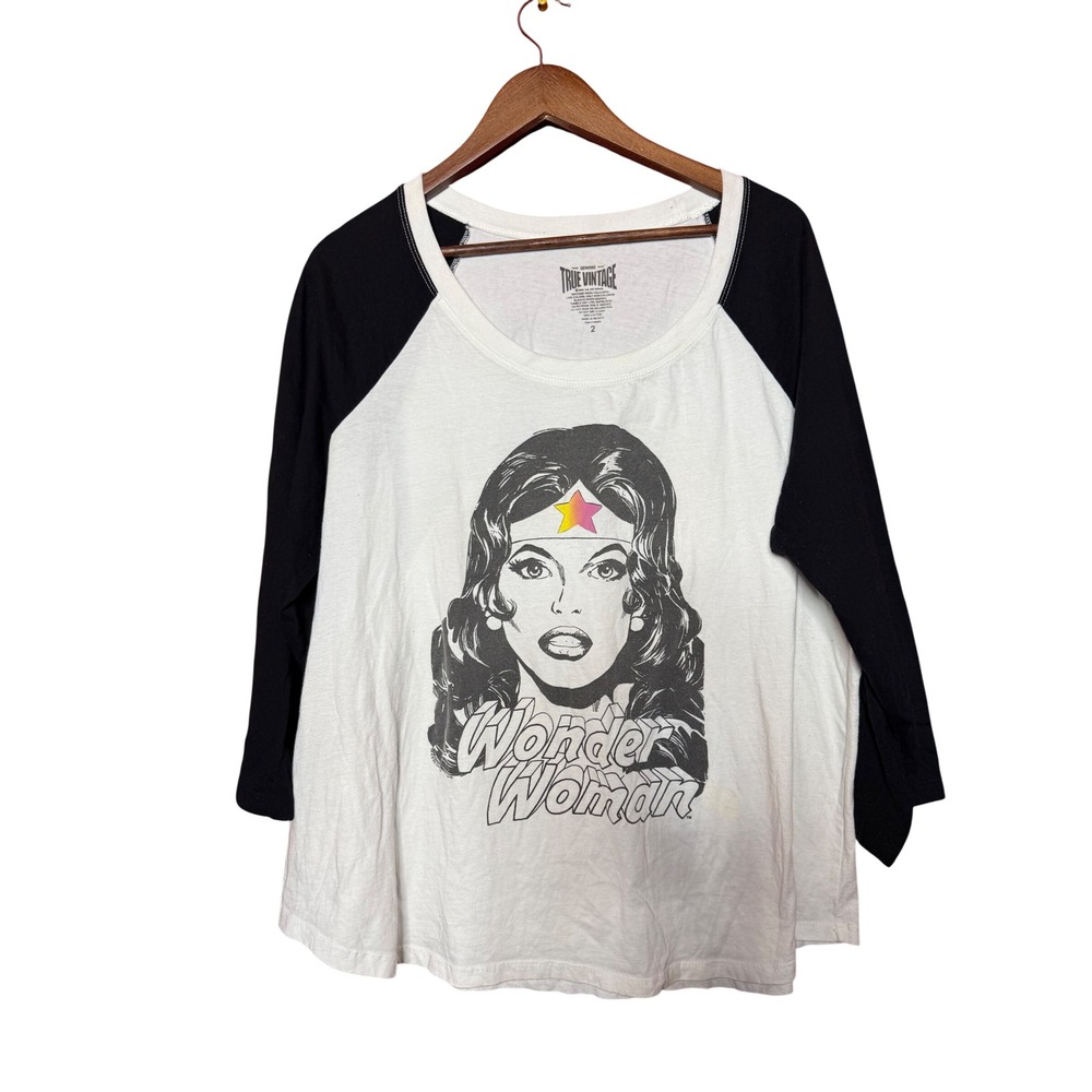 True Vintage Wonder Woman 2X Graphic Raglan Baseball Tee White Black 3/4‎ Sleeve
